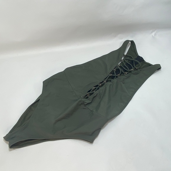 Forever 21 Womens One Piece Swim Suit Medium Forest Green Lace Front Back Zipper - Picture 13 of 16